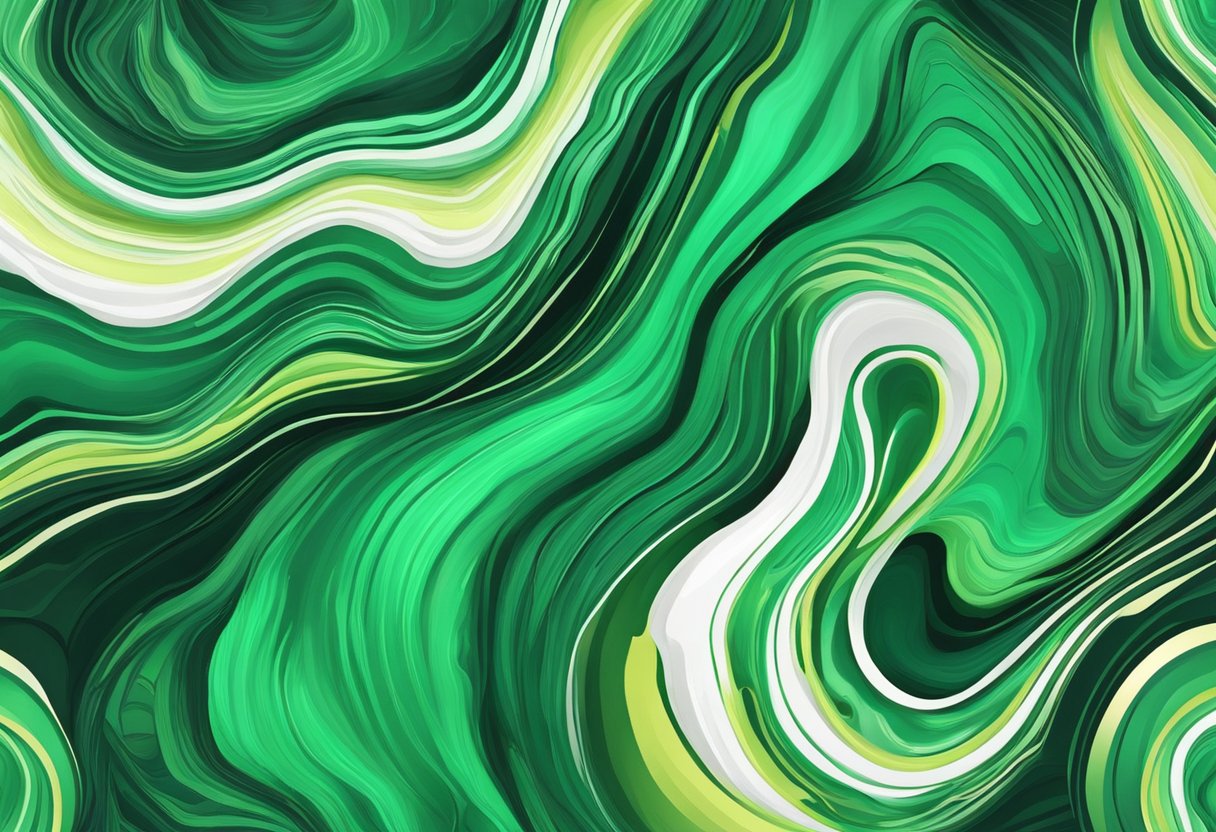 A vibrant green malachite formation, with swirling patterns and a glossy finish, set against a rocky backdrop