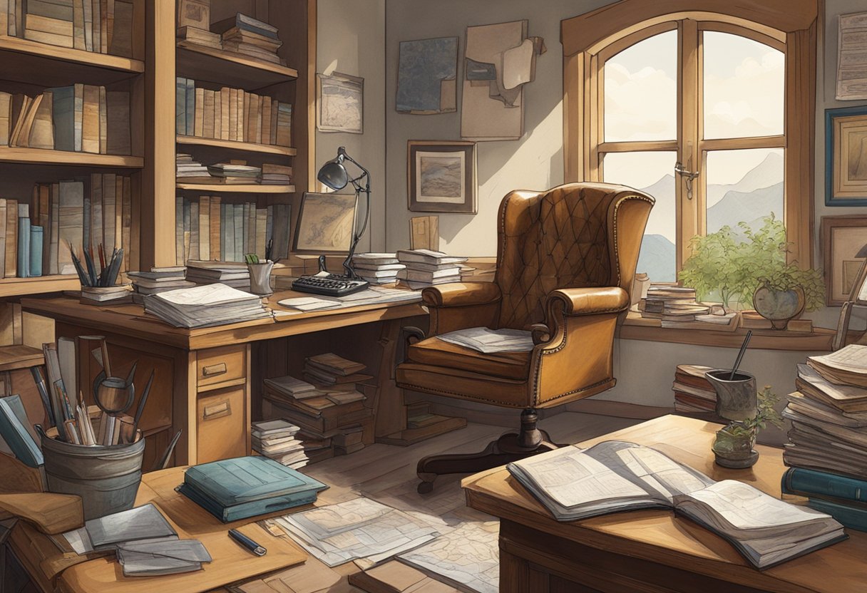 A cluttered study with books, maps, and a globe. A framed photo of a rugged landscape hangs on the wall. A worn leather chair sits in front of a desk cluttered with papers and a laptop