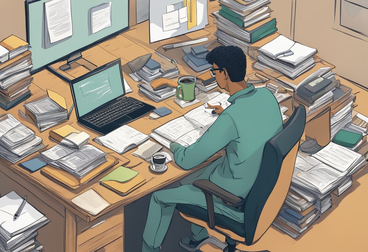 A cluttered desk with books, notes, and a computer. A person sits, deep in thought, surrounded by personal challenges and health struggles