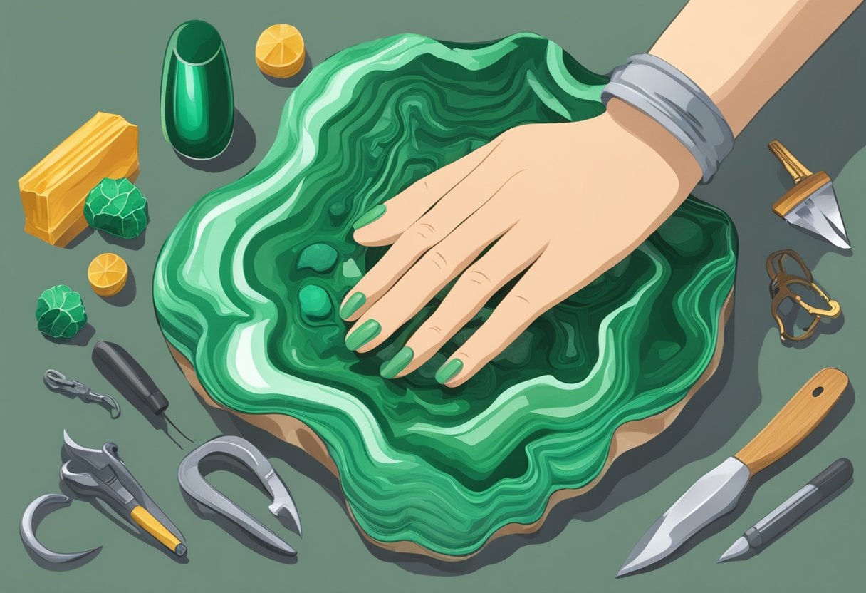 A hand holding a malachite stone, surrounded by tools for processing and caring for the stone