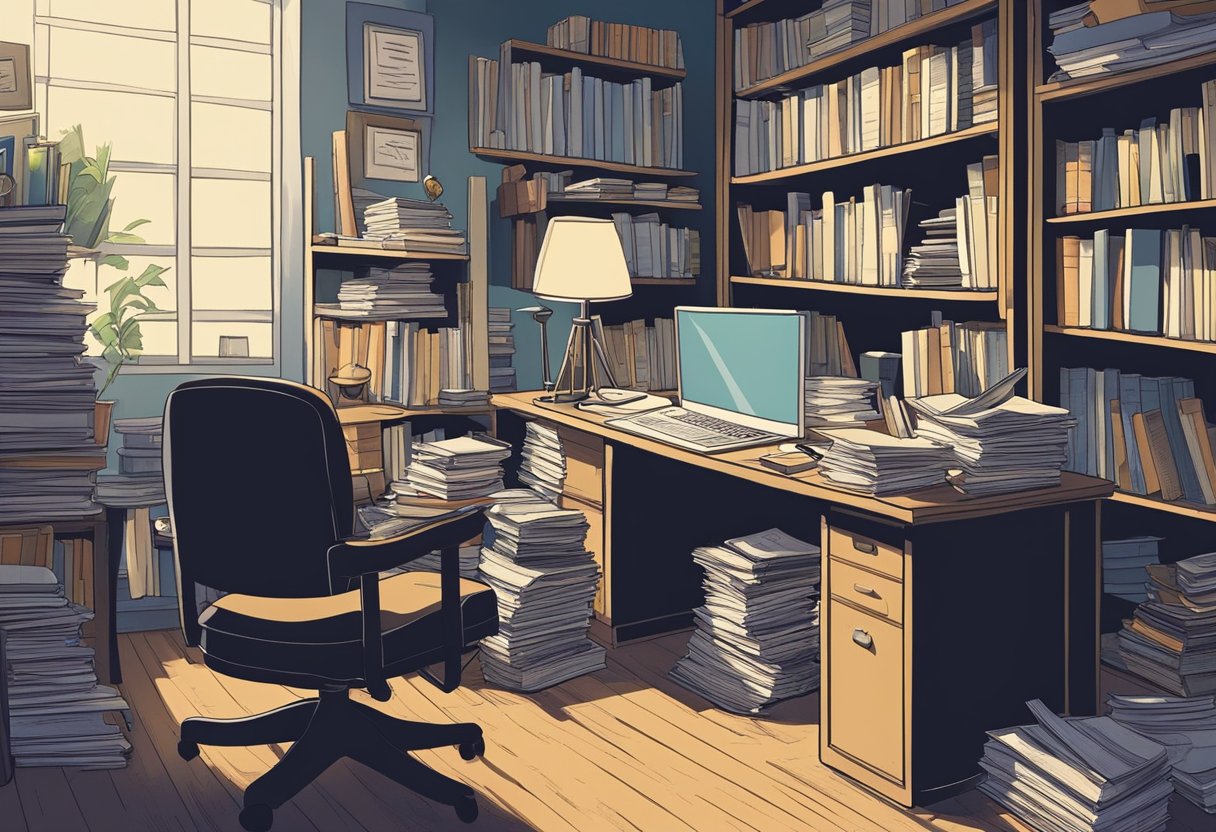 A cluttered office with books, papers, and a computer. A desk lamp illuminates a worn chair. A bookshelf displays academic texts
