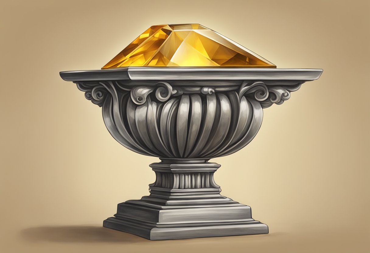A citrine gemstone sits atop a pedestal, emanating a warm golden glow, symbolizing its historical significance and unique properties