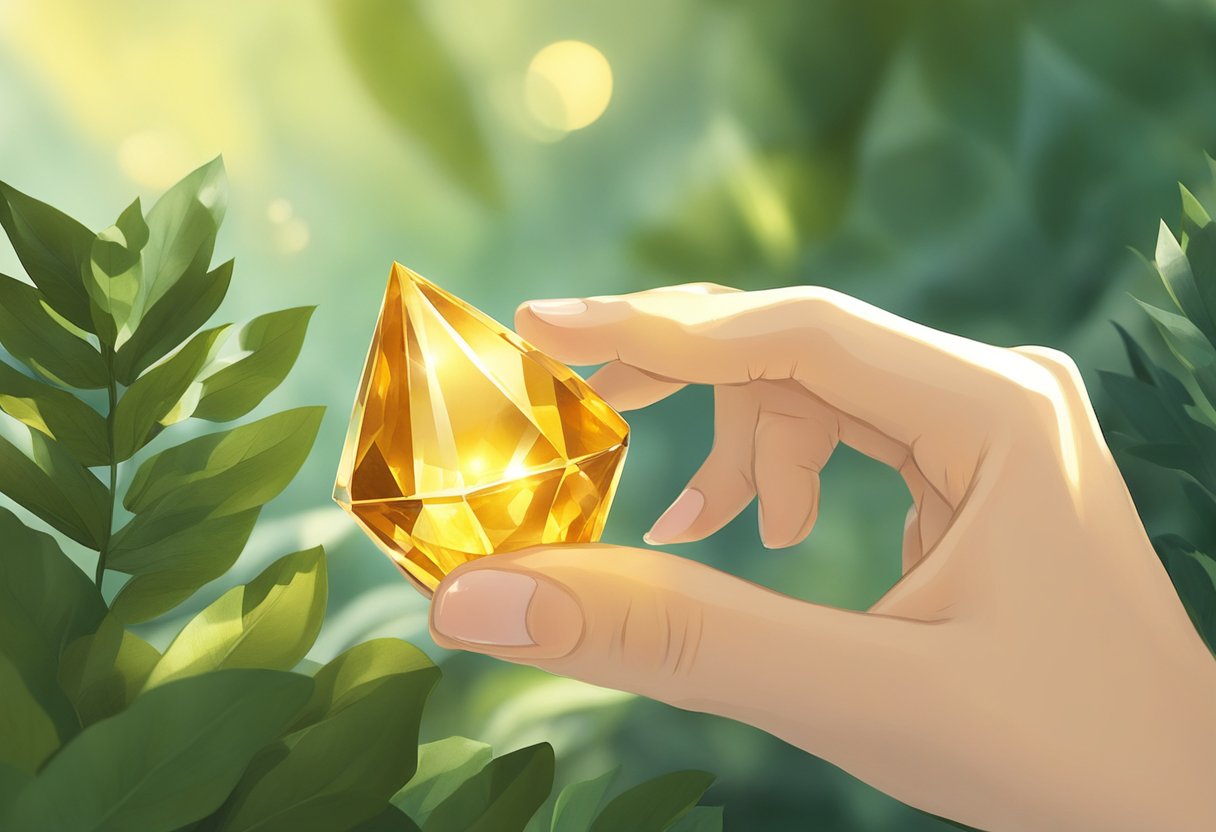 A hand holding a citrine crystal, light reflecting off its golden surface, surrounded by green foliage and natural sunlight