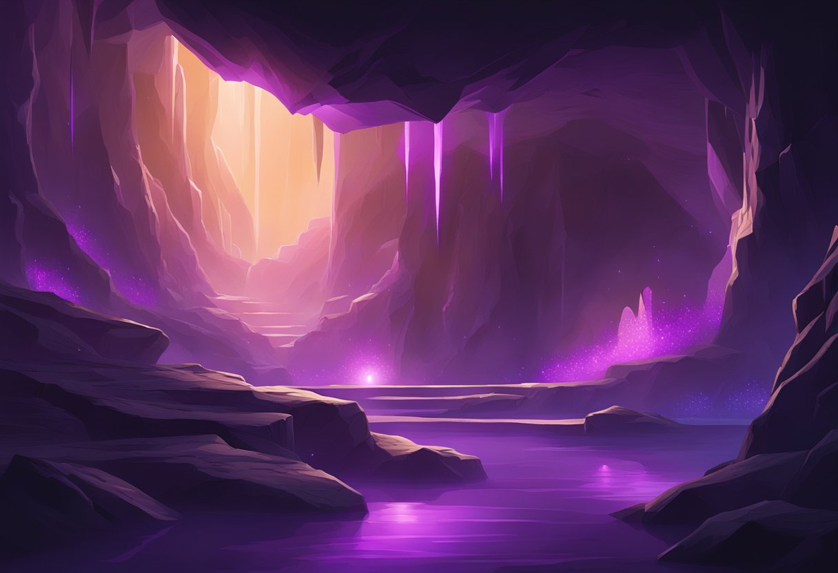 A dark, mysterious cave with glowing purple crystals embedded in the walls, casting an eerie, otherworldly light
