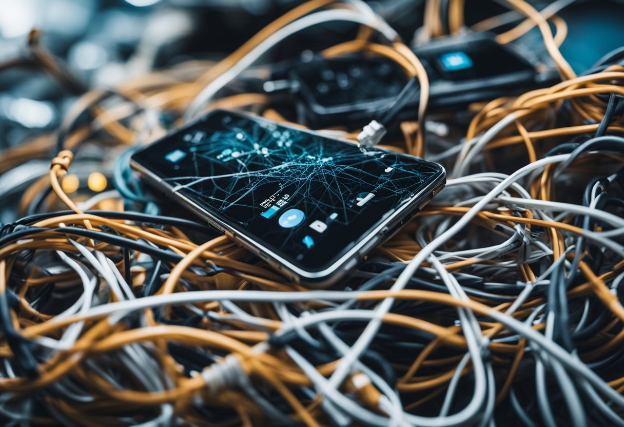 A tangled mess of wires and cables causing a smartphone to freeze