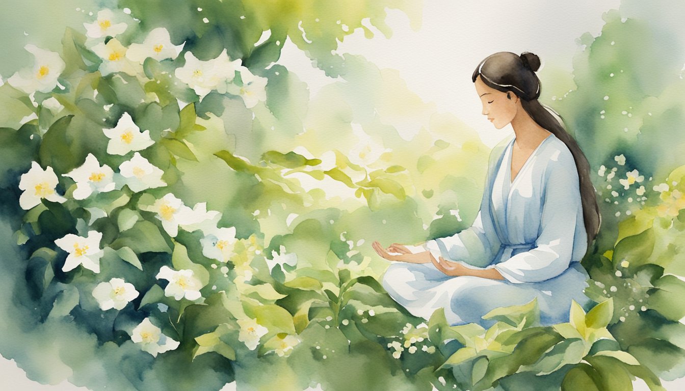 A serene figure meditates in a garden, surrounded by blooming flowers and lush greenery, as a gentle breeze carries the scent of jasmine through the air