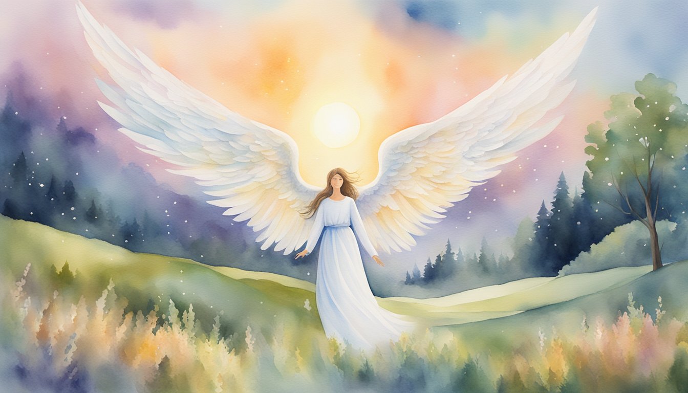 A glowing 814 angel number hovers above a serene landscape, surrounded by celestial light and peaceful energy