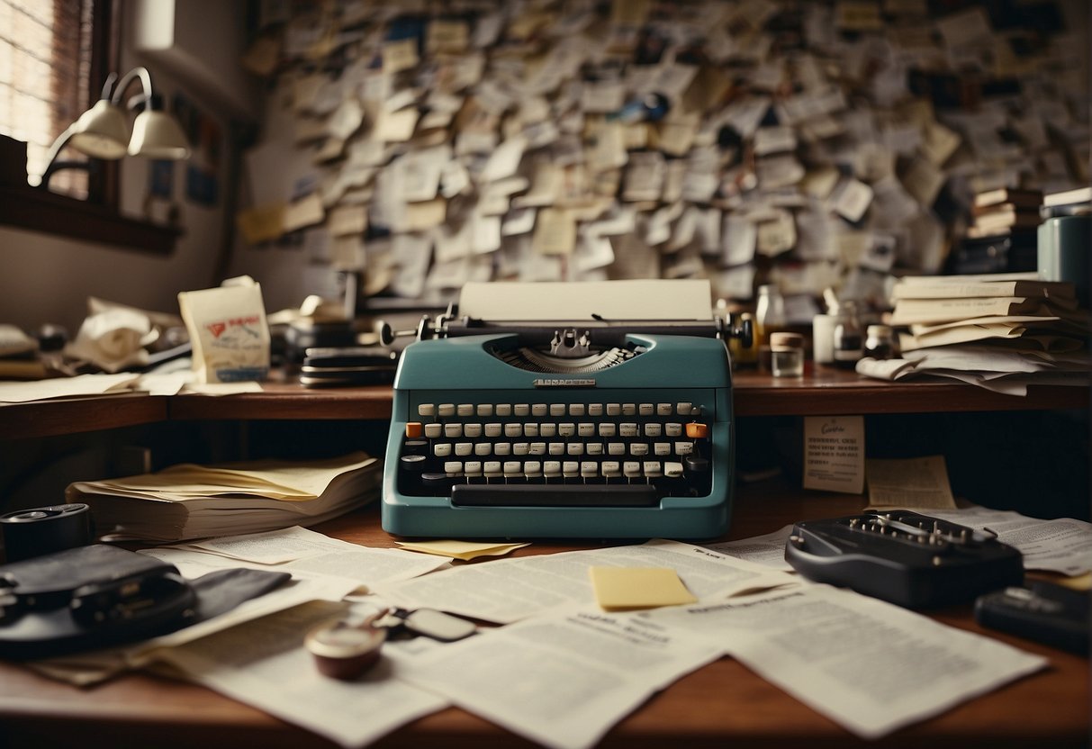 A chaotic room with scattered papers and bottles, a typewriter in the center, and a quote on the wall: "We can't stop here, this is bat country."