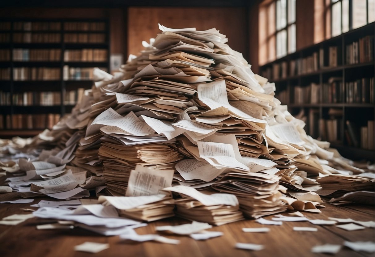 A pile of crumpled papers with quotes scattered on the floor, surrounded by a chaotic mess of books and empty coffee cups