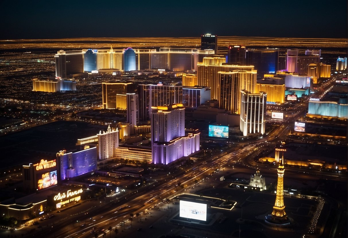 The neon lights of the Las Vegas strip flicker and glow, casting an eerie and surreal atmosphere over the desert city