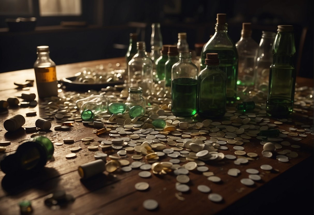 A chaotic table littered with empty bottles, pills, and scattered notes. The dimly lit room exudes a sense of desperation and unease