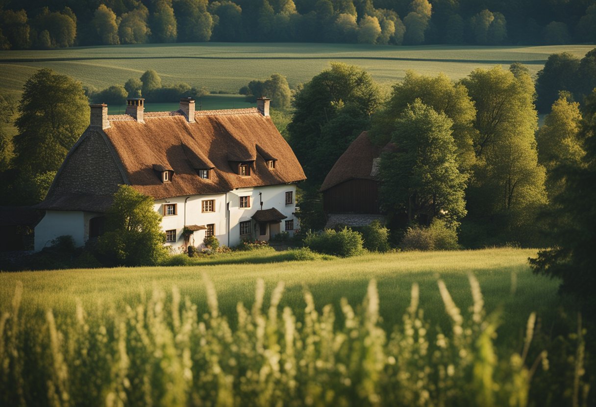 A peaceful Polish village scene, with a traditional house surrounded by fields and trees