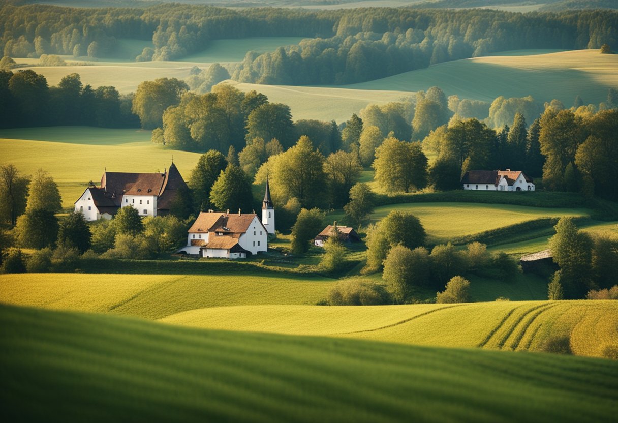 A peaceful Polish countryside scene with a quaint village, rolling hills, and traditional farmhouses