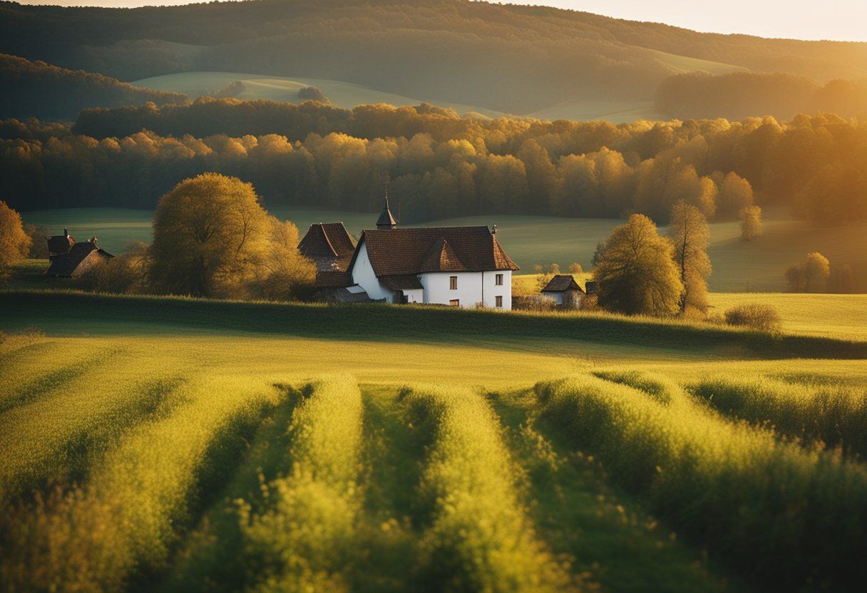 A peaceful Polish countryside scene, showcasing the pros and cons of living in a rural village