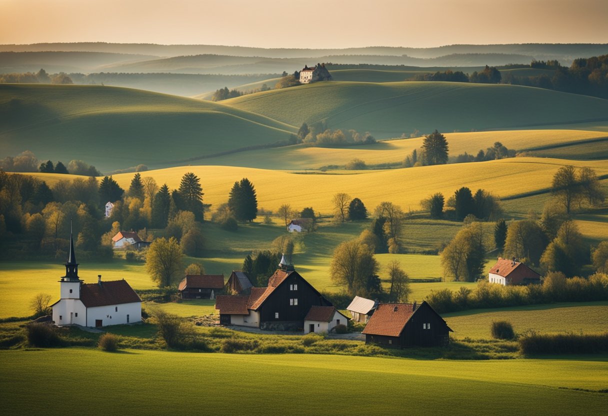 A rural Polish village with a mix of modern and traditional economic aspects. Fields, livestock, and small businesses dot the landscape