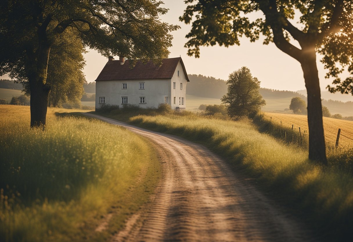 A peaceful Polish countryside scene with a rustic farmhouse, rolling fields, and a winding dirt road