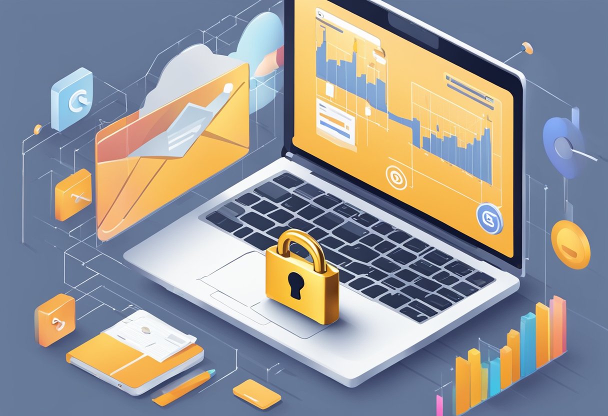 A laptop displaying a graph of email marketing trends. A padlock symbolizes data privacy, while a handshake represents trust. The year 2024 is prominently displayed