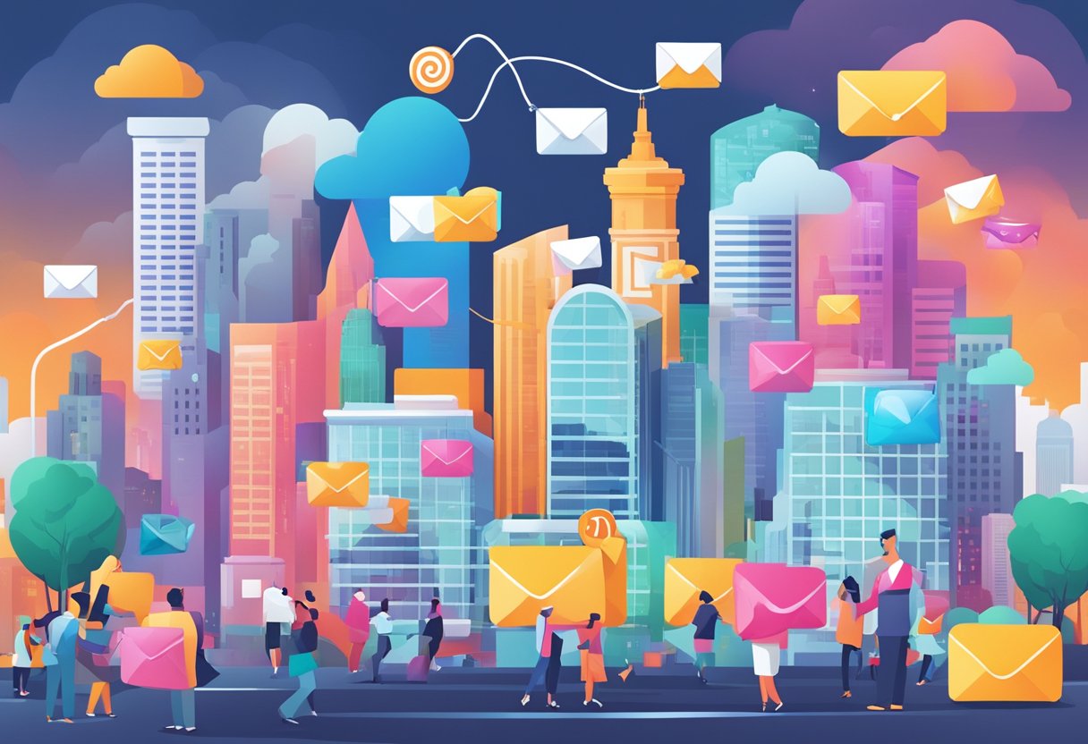 A vibrant email marketing landscape with 10 trend icons floating above a bustling city, representing increased engagement strategies in 2024