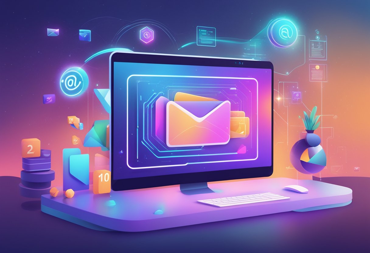 A futuristic email interface with holographic elements and dynamic visuals, showcasing the top 10 trends in email marketing for 2024