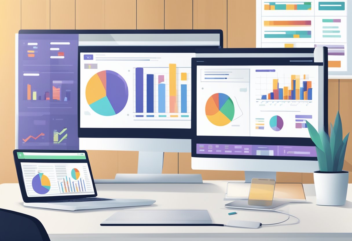 A computer screen displaying an email marketing report with graphs and charts, surrounded by a modern office setting with a focus on technology and innovation