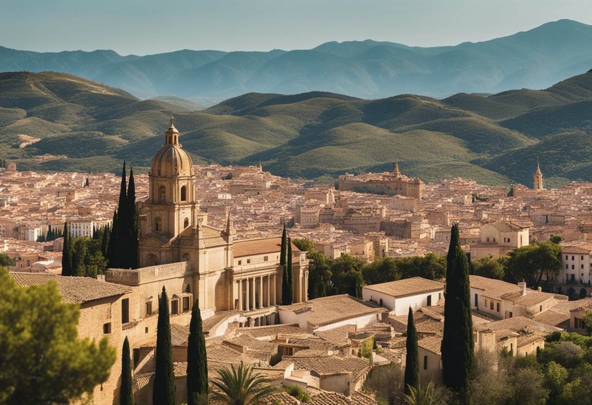 A beautiful Spanish landscape with ancient architecture, rolling hills, and vibrant colors, representing the rich cultural heritage of Spain's UNESCO World Heritage sites