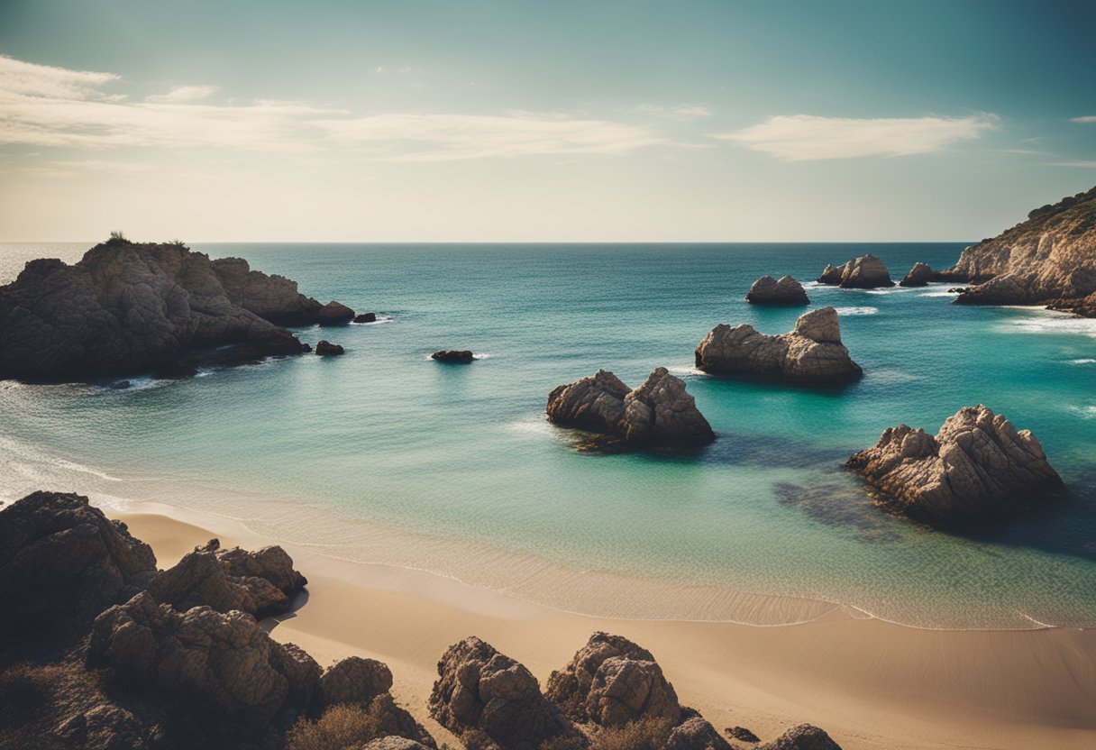 A pristine beach with crystal-clear waters and rugged coastlines, showcasing the beauty of Spain's natural landscapes