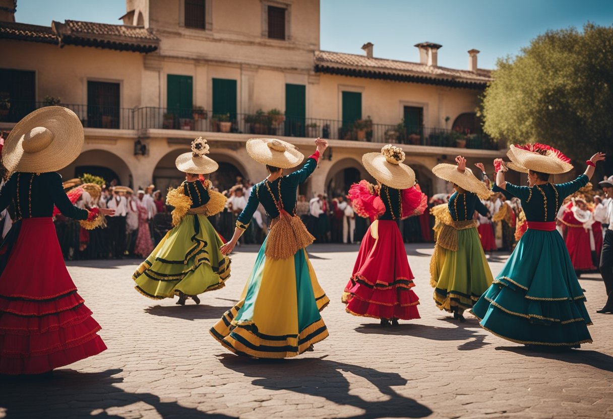 A vibrant Spanish fiesta with flamenco dancers, bullfighters, and colorful decorations, showcasing the rich culture and traditions of Spain