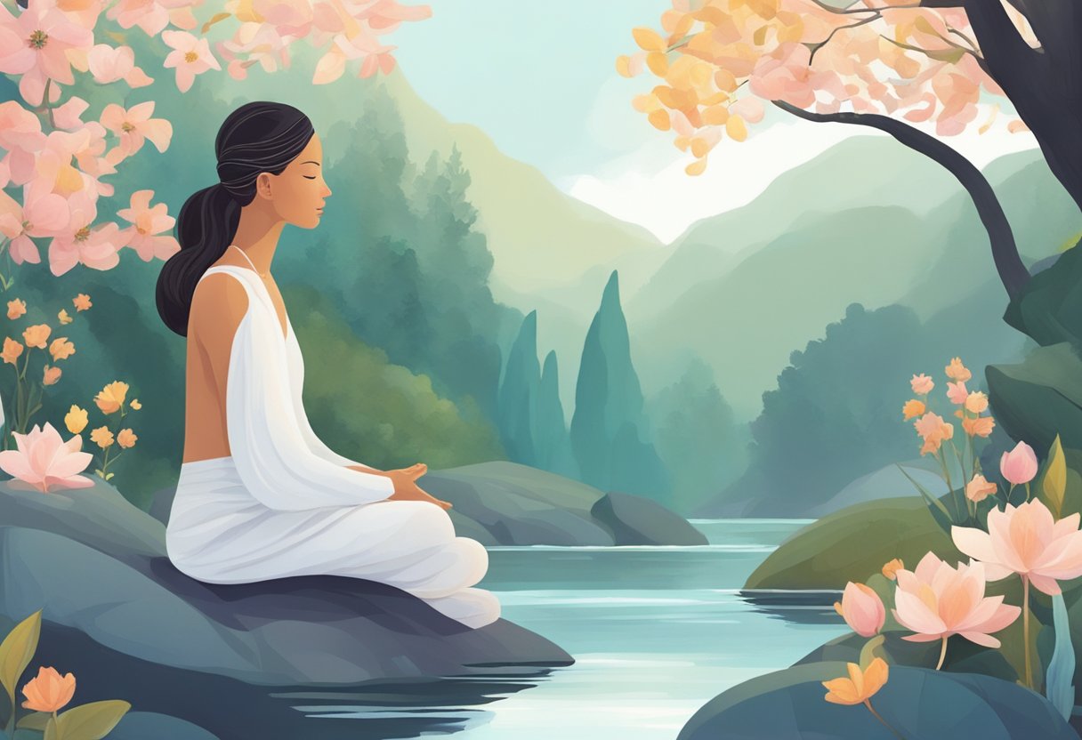 A serene figure meditates in a peaceful natural setting, surrounded by gentle elements like flowers, trees, and flowing water, embodying body acceptance and mindfulness