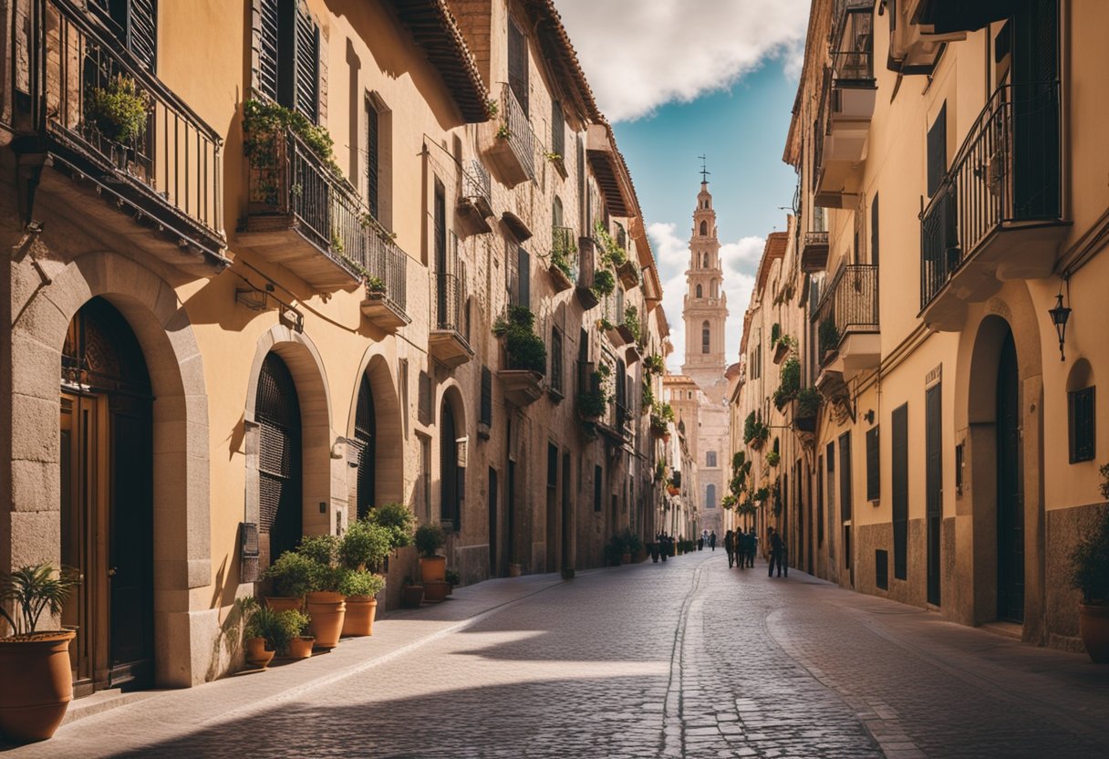 A historic street in Spain lined with colorful buildings and cobblestone streets, with a backdrop of old churches and bustling cafes