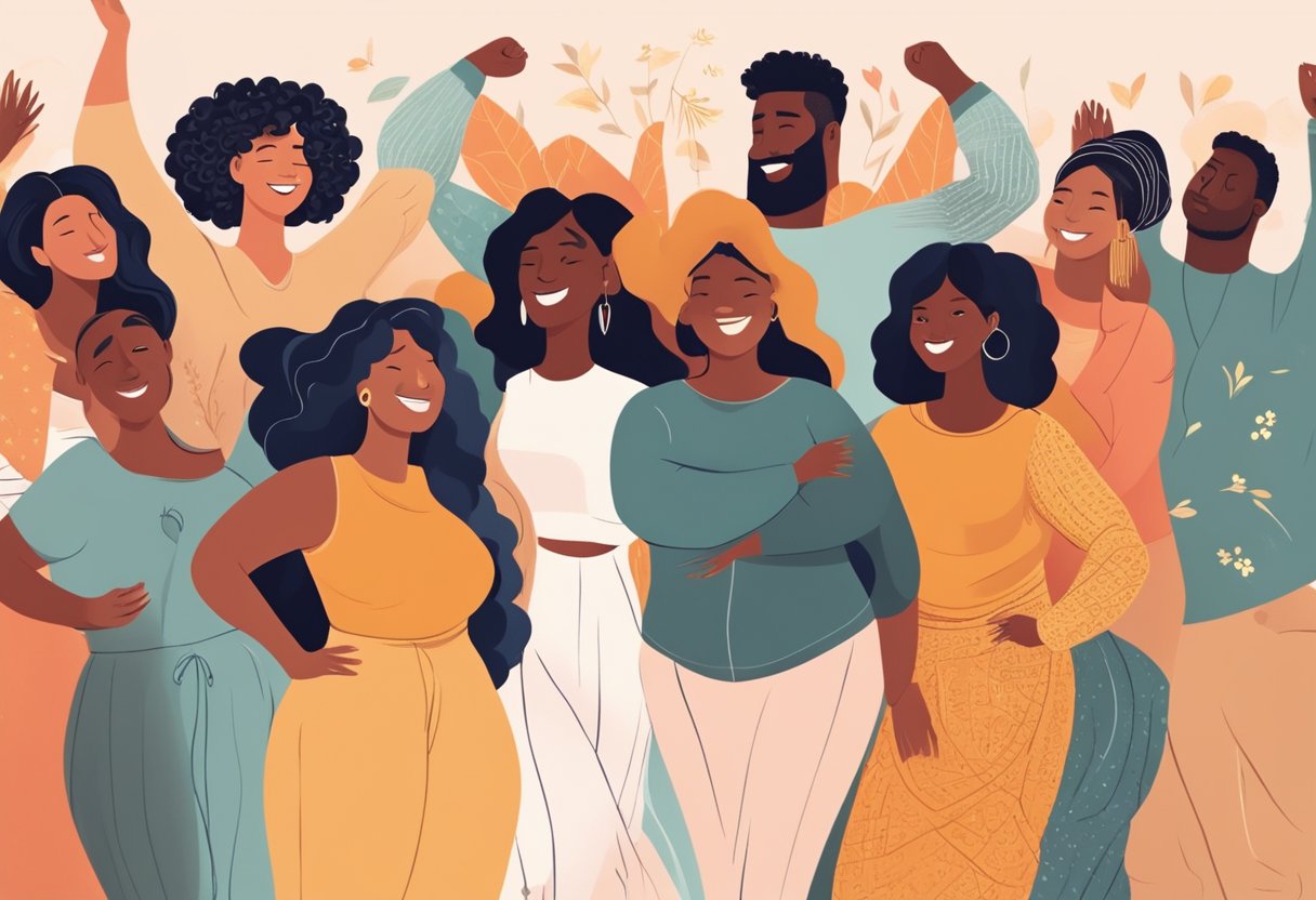 A diverse group of people embracing their unique bodies with confidence and joy, surrounded by positive affirmations and symbols of self-love