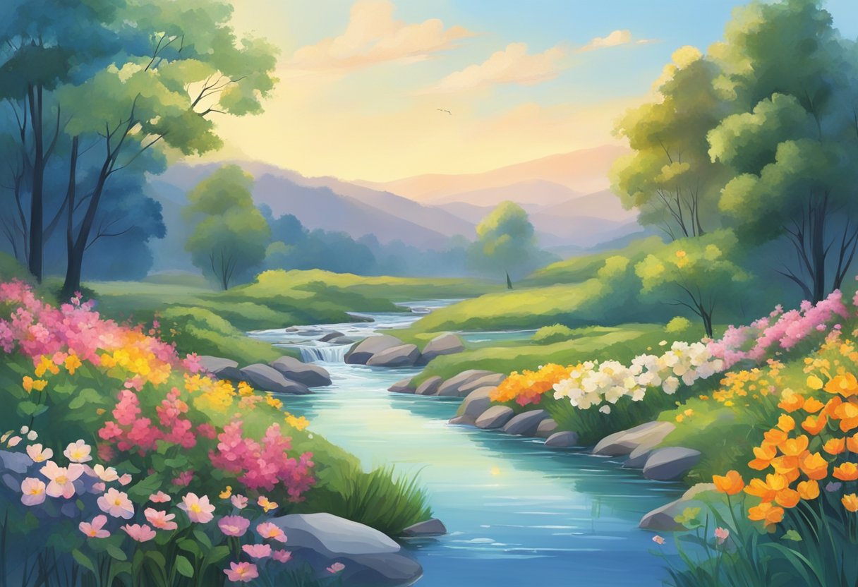 A serene landscape with vibrant flowers, a clear blue sky, and a peaceful stream flowing through the scene, evoking a sense of calm and acceptance