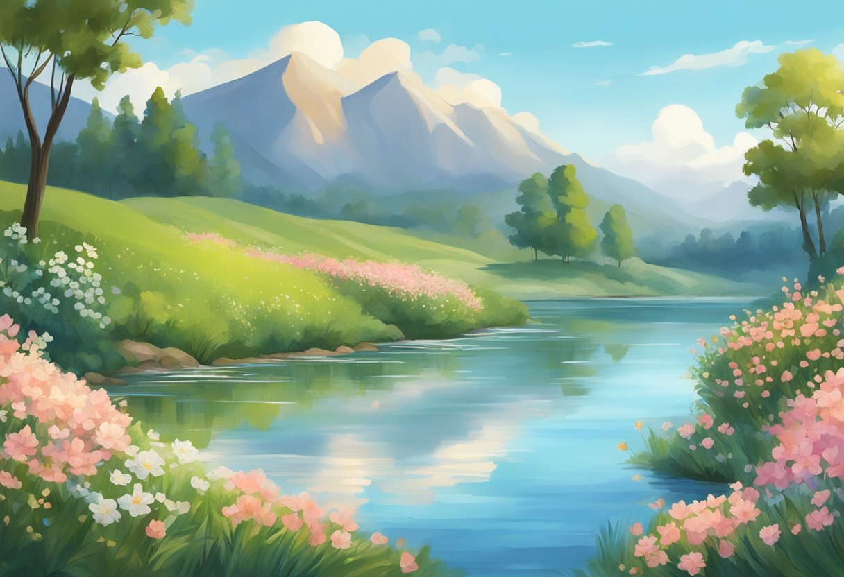 A serene landscape with blooming flowers, a calm river, and a clear blue sky, evoking a sense of self-love and confidence through nature's beauty