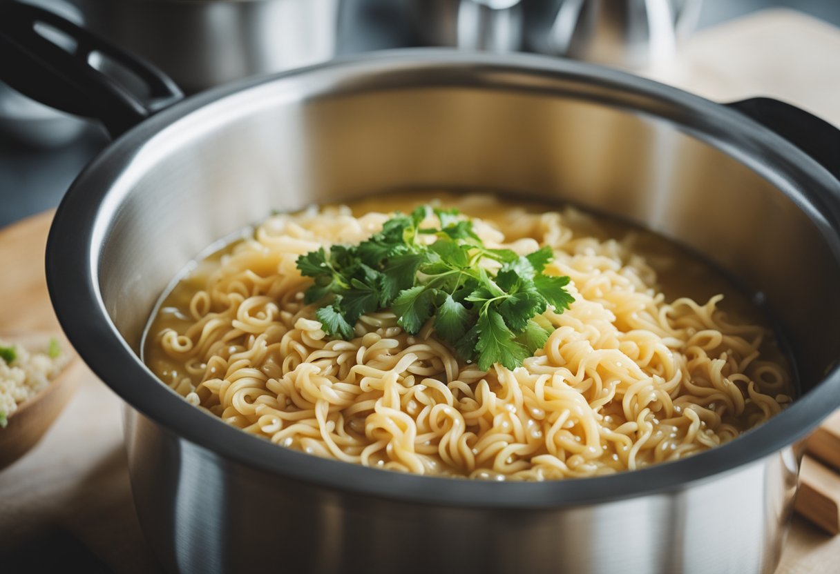 A pot of boiling water with miso paste and ramen noodles being added in a Polish kitchen