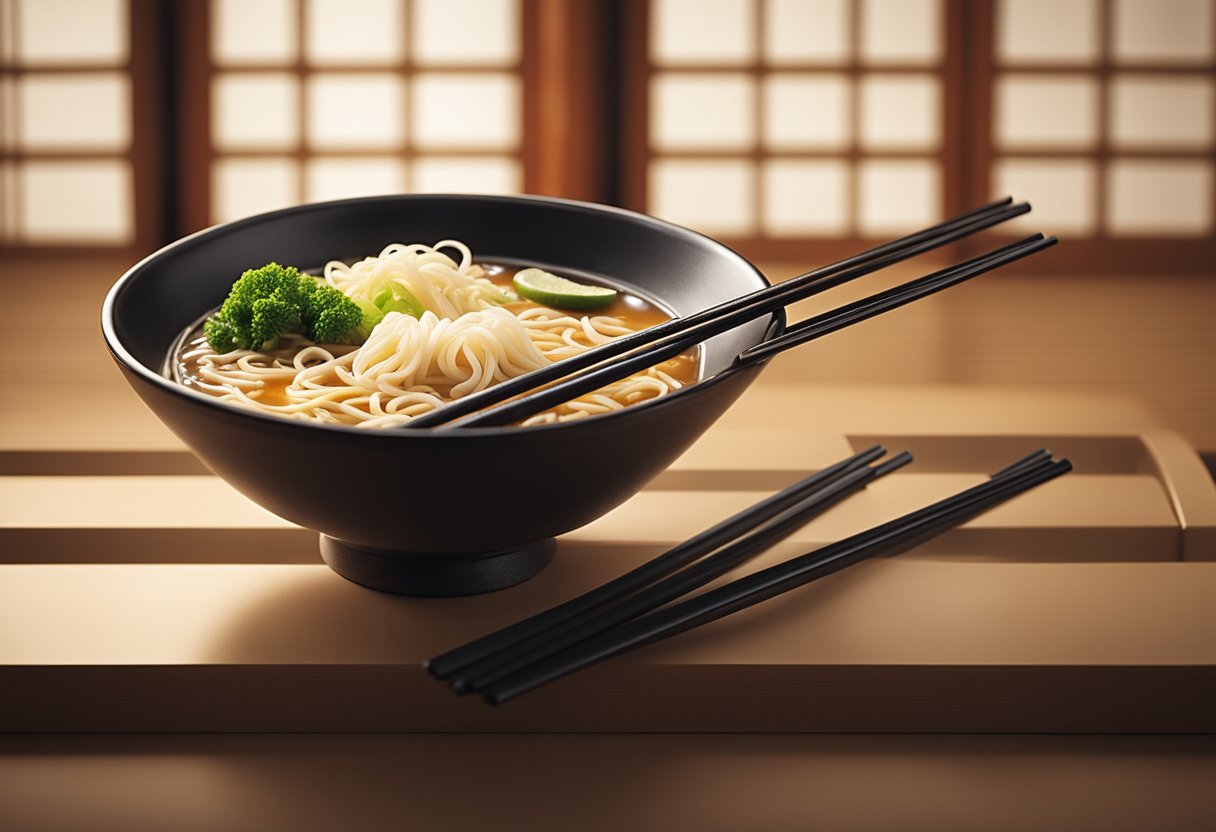 A steaming bowl of miso ramen noodles, with chopsticks resting on the side, set against a backdrop of traditional Japanese decor