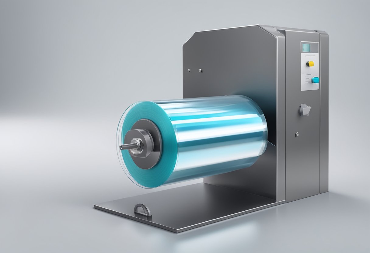 A roll of clear bopp film unwinds on a metal dispenser