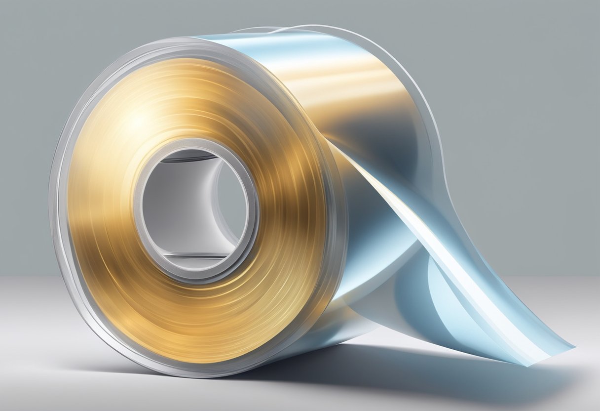 A roll of clear BOPP film unwinds from a machine, reflecting the light with its glossy surface. The film is transparent and smooth, with a slight shimmer as it moves