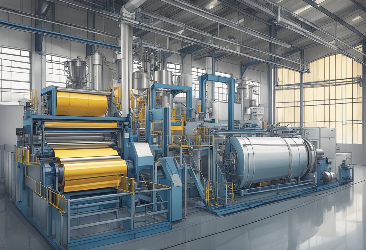 Machinery extrudes, cools, and cuts clear BOPP film in a factory setting