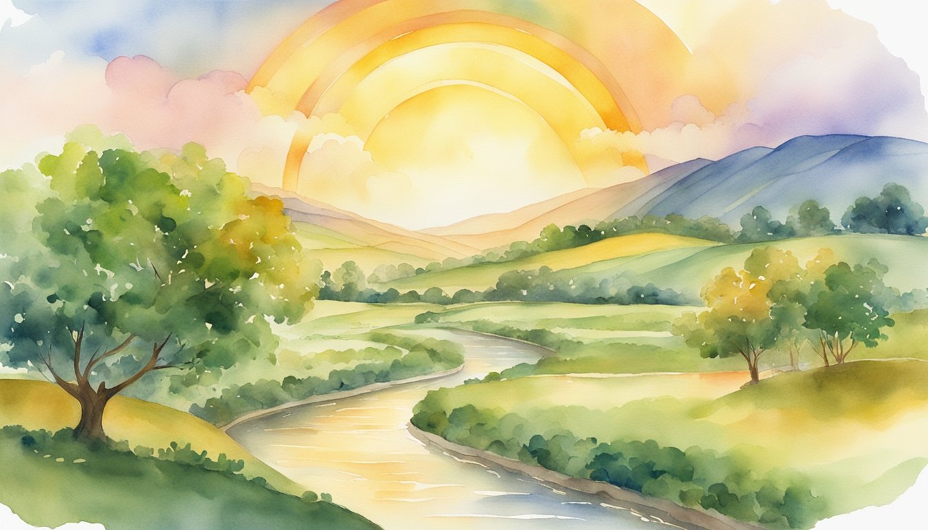A golden sun rises over a lush landscape, with abundant fruit trees and flowing streams.</p><p>A rainbow arcs across the sky, symbolizing prosperity and success