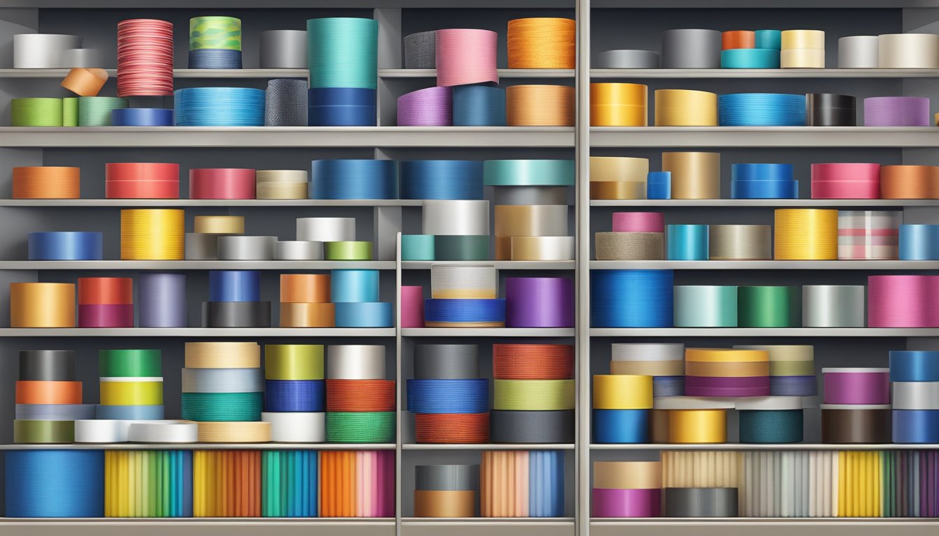 A jumbo roll of cloth tape sits on a shelf, surrounded by various types of cloth tape in different colors and patterns