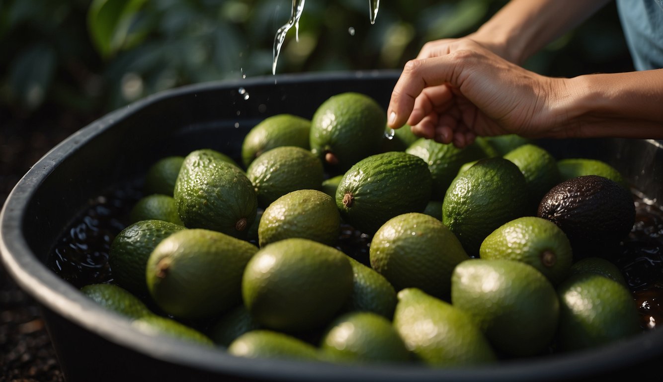Rinsing avocado pits under running water, removing any remaining flesh, and placing them in a compost bin