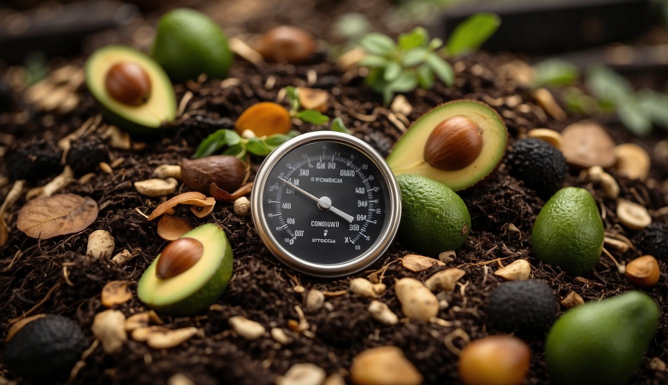 A compost pile with avocado pits, surrounded by organic waste and a mix of green and brown materials. A thermometer stuck into the pile shows the temperature rising as the composting process begins
