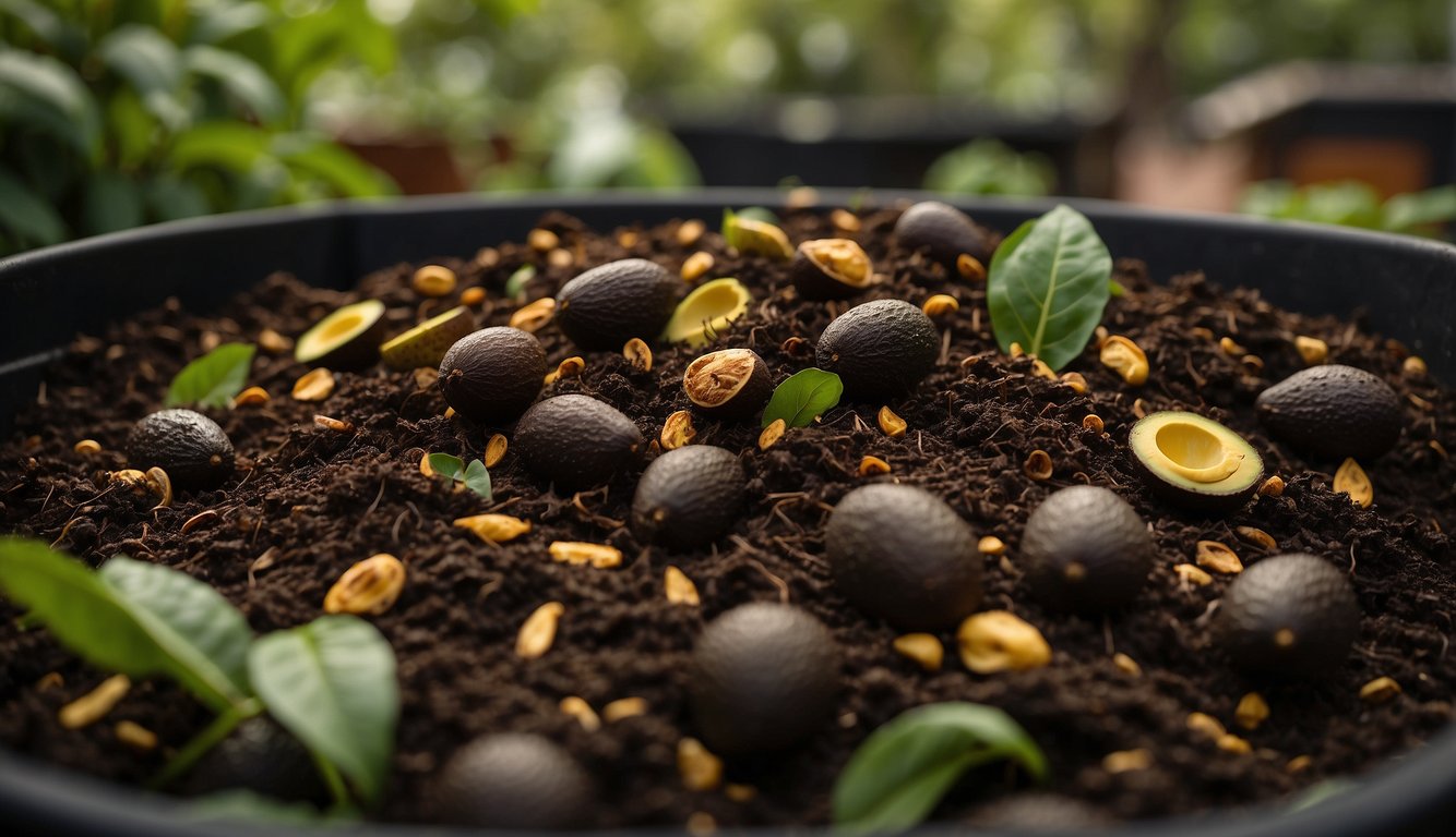 A pile of avocado pits and organic waste decomposing in a compost bin, surrounded by rich, dark soil and vibrant green plants