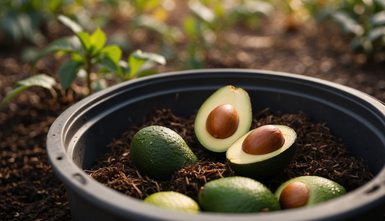 An avocado pit is being placed in a compost bin, surrounded by organic waste and soil. The bin is located in a backyard garden, with sunlight streaming in and birds chirping in the background