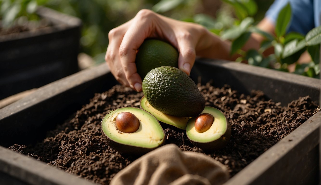An avocado pit is being placed into a compost bin surrounded by organic waste and soil