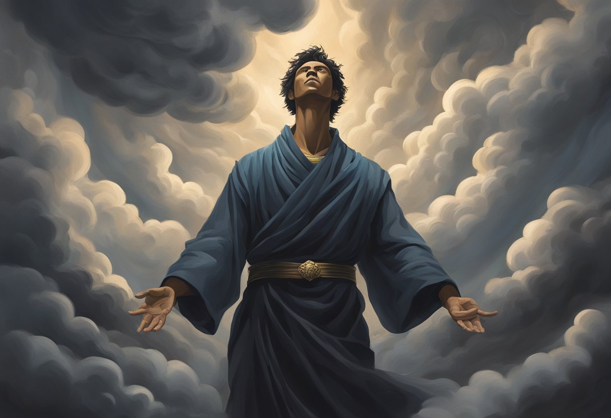 A figure stands tall, surrounded by swirling dark clouds. Their outstretched arms and determined expression convey a sense of power and authority as they invoke a prayer of judgment against their enemies