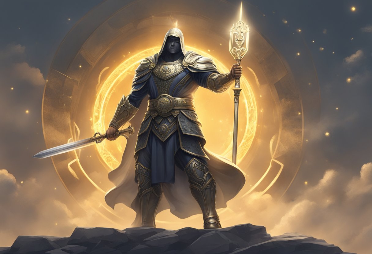A figure stands in a powerful stance, surrounded by symbols of justice and righteousness. Light shines down from above, illuminating the figure and casting a sense of strength and determination