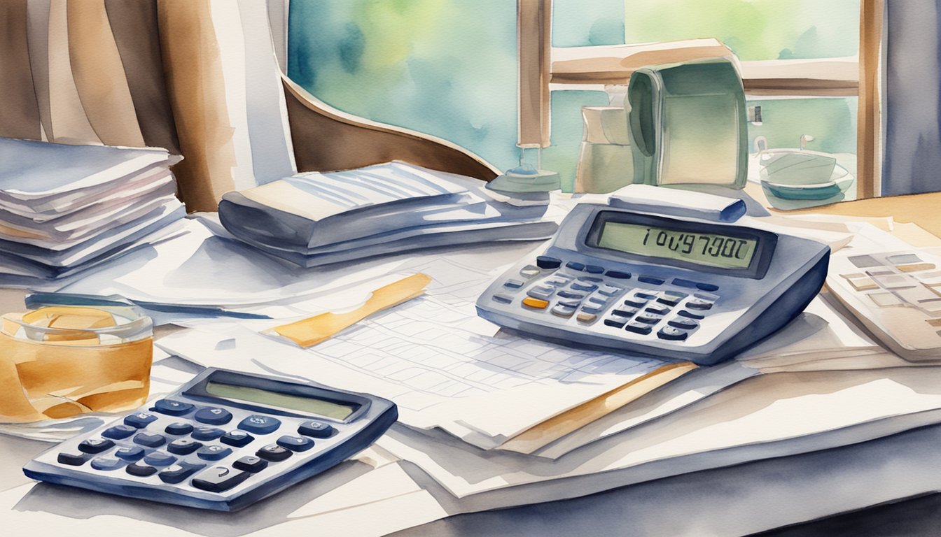 Une calculatrice et des formulaires fiscaux sur un bureau avec une machine à coudre en arrière-plan