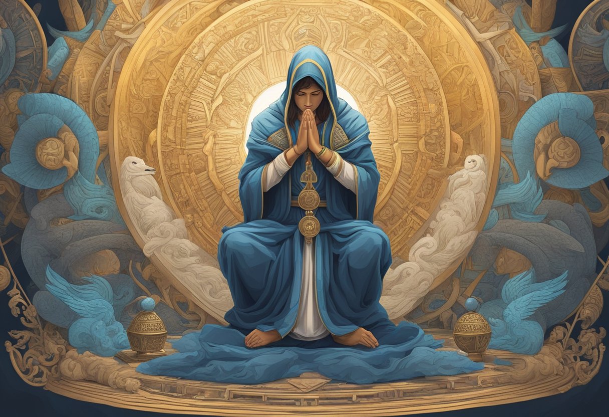 A figure stands in a posture of prayer, surrounded by symbols of protection and strength. The atmosphere is tense, with a sense of determination and resolve