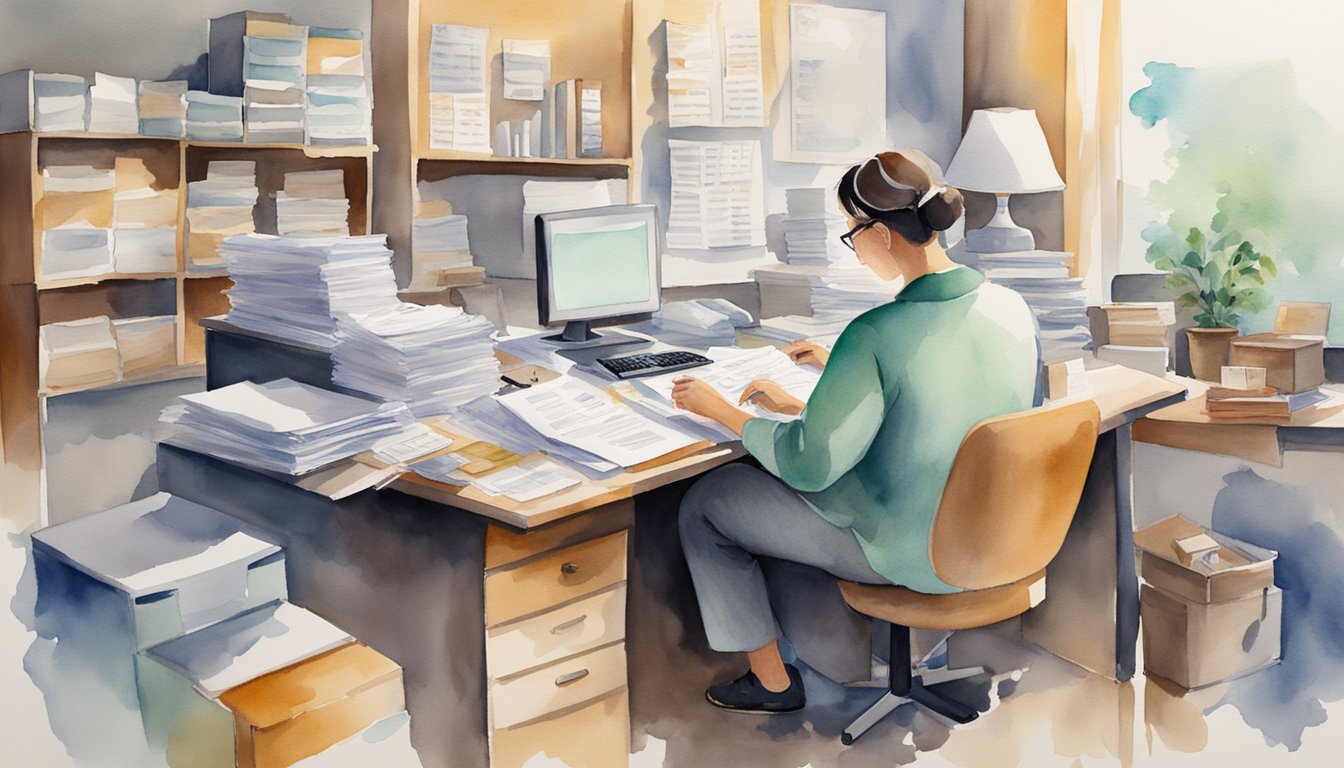 Une personne assise à un bureau, entourée de documents et de reçus, utilisant une calculatrice et un ordinateur pour déposer et demander des déductions fiscales pour une entreprise de couture