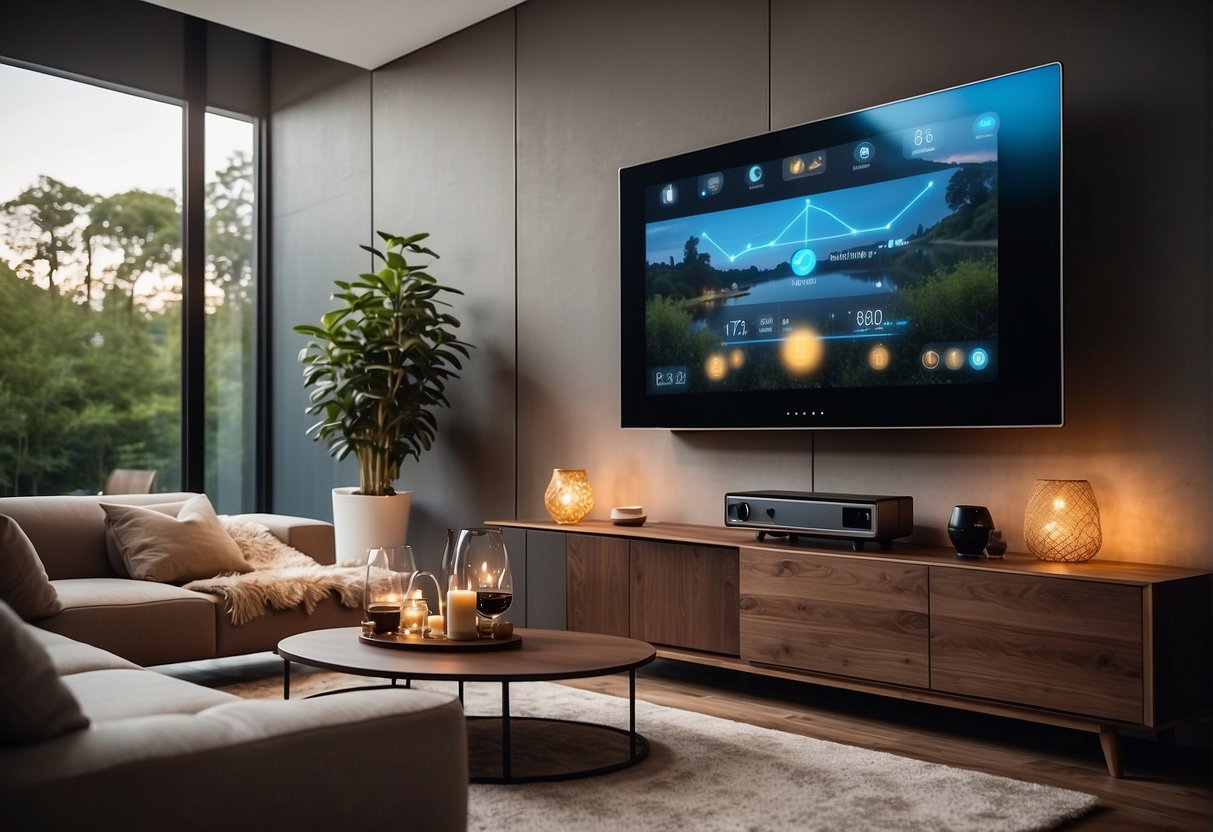 A cozy living room with smart lighting, temperature, and humidity controls. Smart devices are seamlessly integrated for a modern and convenient home experience